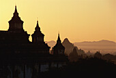 Pagoda and lowlands of Pagan at sunrise, Bagan, Myanmar, Asia