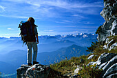 Hiking, Benediktenwand, Woman and view over Mountains , Benediktenwand, Bavaria