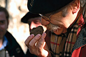 Mann riecht an Trüffel auf Trüffelmarkt, Richerenches, Tricastin, Provence, Frankreich