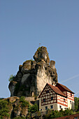 Half timbered houses and rock in the sunlight, Tuechersfeld, Franconian Switzerland, Bavaria, Germany, Europe