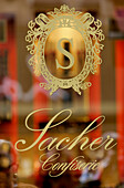 Close up of Sacher company name, Sacher Confectionery, Vienna, Austria, Europe