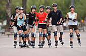 A group of people inline skating in Barcelona, Spain