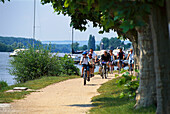 Radfahrer auf Promenade am Rhein, Rheingau, Hessen, Deutschland, Europa