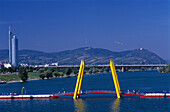 View at Danube, Danube Island, Millenniumtower and Leopoldsberg, Vienna, Austria, Europe