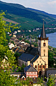 View of Lorch and the river Rhein, St. Martins church in the foreground, Rheingau, Germany