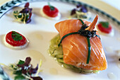Salmon dish, Hotel Longuevelle, Manor, Jersey, Channel islands, Great Britain, Europe