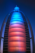 The illuminated Hotel Burj Al Arab at night, Dubai V.A.E., United Arab Emirates, Middle East, Asia