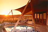 Terrace at Al Maha Desert Resort at sunset, Dubai, United Arab Emirates