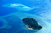 Aerial photo of a tropical Island with sand bank, Santo Coast, Vanuatu, South Pacific