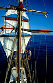 Sailors, climb, rigging, Traditional Sailing Ship, Open Ocean French Polynesia, South Pacific, PR