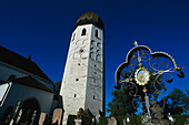 Cemetery and bell tower, Frauenchiemsee Island, Lake Chiemsee, Upper Bavaria, Germany