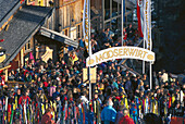 People sitting outside at ski lodge, Mooserwirt, St. Anton at Arlberg, Tyrol, Austria