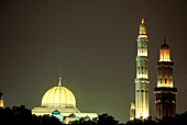 Illuminated grand mosque at night, Muscat, Oman, Middle East, Asia