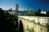 Stone bridge and buildings under blue sky, Ascoli Piceno, Marche, Italy, Europe