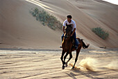 Junger Mann reitet ein Pferd in der Wüste, Sultanat Oman, Vorderasien, Asien