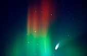 Aurora borealis with Hale Bopp comet star traces, Alaska, USA