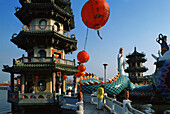 Pagodas, dragons, statues, Lotus Lake, Kaohsiung, Taiwan