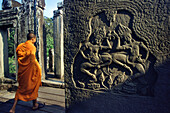Monk in Bayon temple, Angkor, Siem Raep Cambodia, Asia