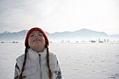 Girl 5-6 Years, standing in winter scenery, head in neck