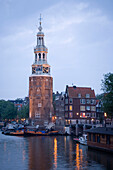 Montelbaanstoren, Watch Tower, Oude Schans, Montelbaanstoren watch tower, at Oude Schans in the evening, Amsterdam, Holland, Netherlands