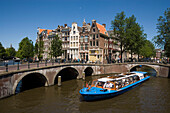 Leisure Boat, Keizersgracht, Leidsegracht, Roofed leisure boat during a sightseeing tour through Keizersgracht and Leidsegracht, Amsterdam, Holland, Netherlands