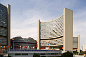 The conference centre amidst the office towers of the Vienna International Centre, UNO-City, Vienna, Austria