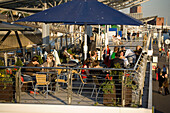 People sitting in an open-air cafe at gangway, People sitting in an open-air cafe at gangway Landungsbrücken, , Sankt Pauli, Hamburg, Germany
