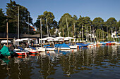 Sailingboats at jetty, Restaurant, Sailingboats at jetty of boat rental Bobby Reich at lake Alster, Hamburg, Germany