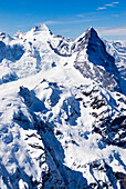Gletscher Berge, Hochgebirge, Aussicht vom Rosenhorn, Eiger rechts, Mönch links, , Berner Alpen, Bern, Schweiz, Alpen