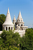 View to the Fishermen's Bastion, symbolising the seven Magyar tribes, at Castle Hill, Buda, Budapest, Hungary