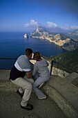 Couple at viewpoint, Majorca, Balearic Islands, Spain, Europe