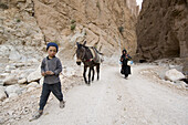 Boy and woman with donkey, Todra gorge, Morocco