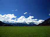 Blick auf Wettersteingebirge mit Zugspitze, Lkr. Garmisch-Partenkirchen, Oberbayern, Deutschland