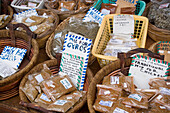 Different greek spices lying in baskets for selling, Zia, Kos, Greece