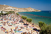 View over the peopled Paradise Beach, Mykonos, Greece