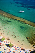 Aerial shot of peopled Paradise Beach, Mykonos, Greece