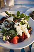 A greek salad served in the Sea Satin Market Restaurant, Mykonos-Town, Mykonos, Greece