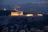 View over Plaka to the illuminated Acropolis at night, Athens, Athens-Piraeus, Greece