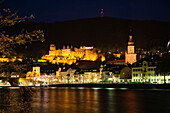Castle and Old Town at night, River Neckar, Heidelberg, Baden-Wuerttemberg, Germany