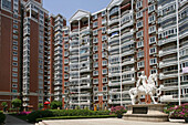 apartment towers, living in Shanghai,highrise apartments, Yangpu district, windows, facade, horse statue, knight