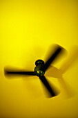 Black fan hanging from yellow ceiling