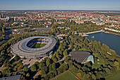 Aerial view of Hannover with soccer stadium, Lower Saxony, Germany