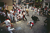 Bull running in the city,Encierro-Mercaderes,Estafeta,Fiesta de San Fermin,Pamplona,Navarra,Spain