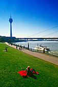 Rheinufer mit Rheinturm und Rheinkniebrücke, Düsseldorf, Nordrhein-Westfalen, Deutschland