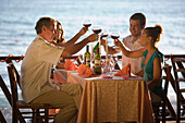 Group of people drinking red wine together, beach restaurant, Apulia, Italy