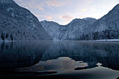The lake Königssee in front of snow covered mountains, Berchtesgardener Land, Bavaria, Germany