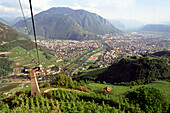 Cable car and view over city, Bolzano, South Tyrol, Italy