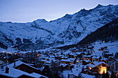 View to winterly Saas-Fee, a tourism centre provides winter sport opportunities throughout the entire year, Valais, Switzerland