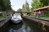 Houseboat at Kummersdorf Lock,Near Storkow, Brandenburg, Germany