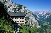 Alpine hut, Karwendelhaus, Karwendel range, Tyrol, Austria